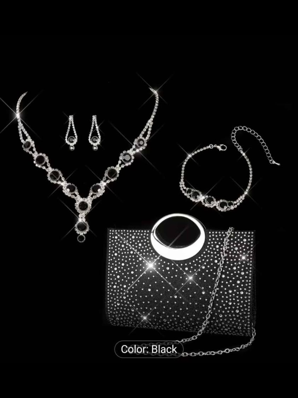Elegant Black Crystal Necklace Set with Matching Bracelet and Clutch